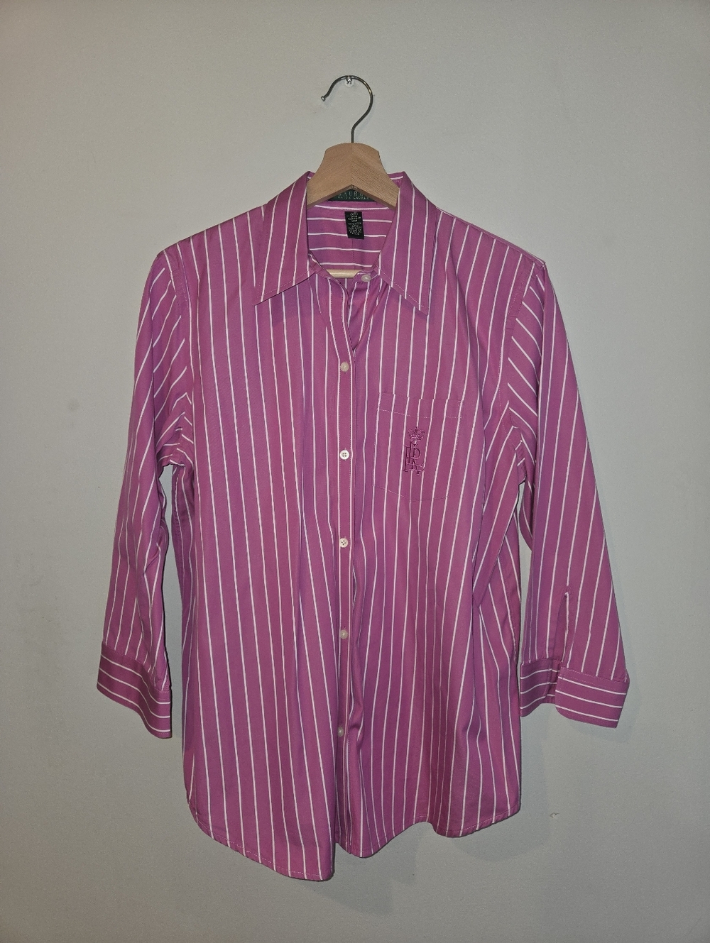 Lauren Ralph Lauren Pink White Stripe Button Down Shirt Cotton Bracelet Sleeve L